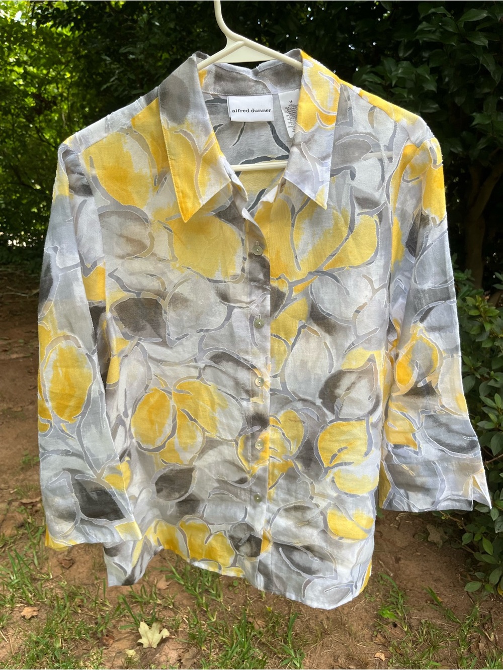 Alfred Dunner Yellow & Gray Floral Sheer Button-Front Blouse Size 14